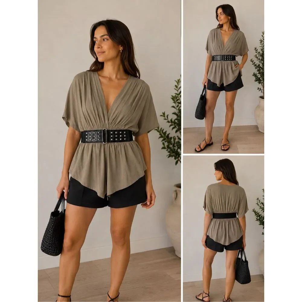 Amisu Beige Draped Tunic Top XS Studded Waist Belt Deep V Neck Boho Asymmetrical